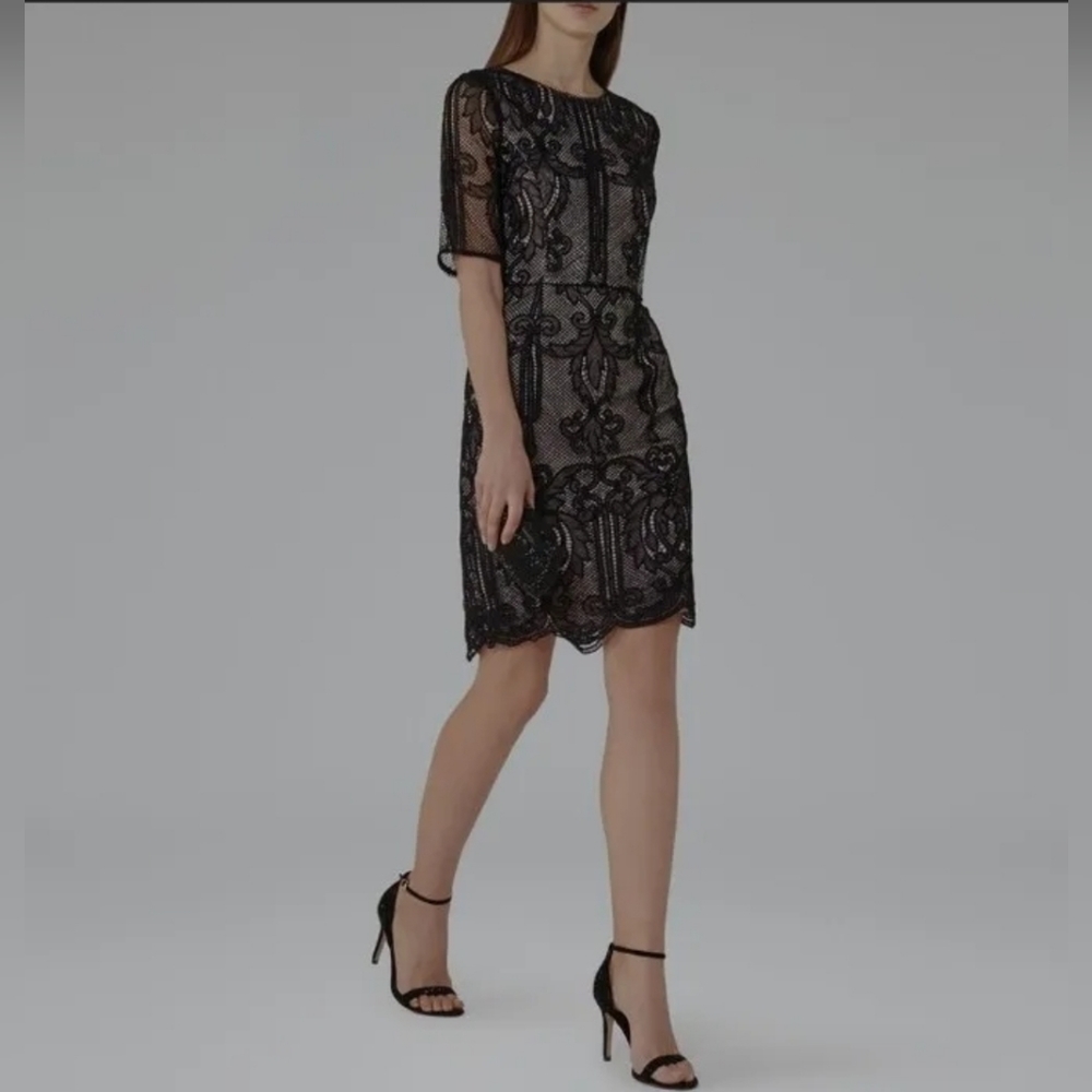 REISS Zola Lace Dress  Black Scalloped Hem V-Back Party Cocktail US 4 - Picture 7 of 16